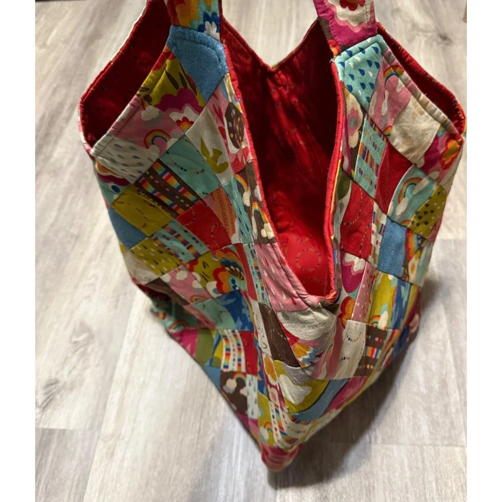Quilted Patchwork Hobo Shoulder Bag‎ Rainbow Cloud Boho Multicolored